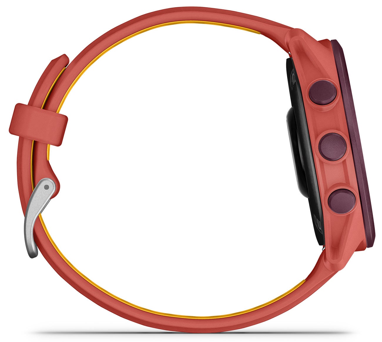 Garmin Forerunner 170 Music smartwatch side view with red pink and mango band
