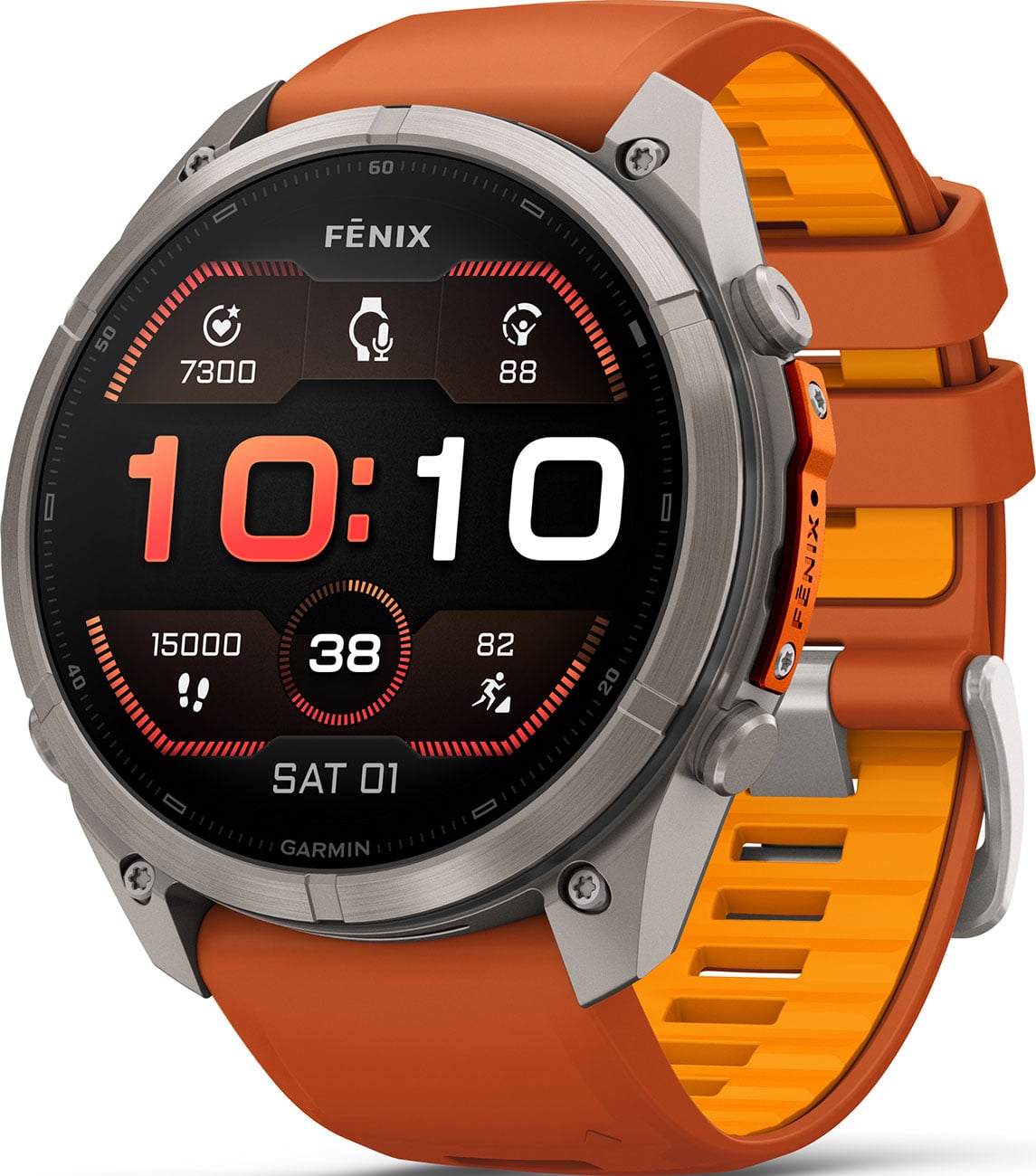 Garmin Fenix smartwatch with titanium case and orange silicone band showing time display