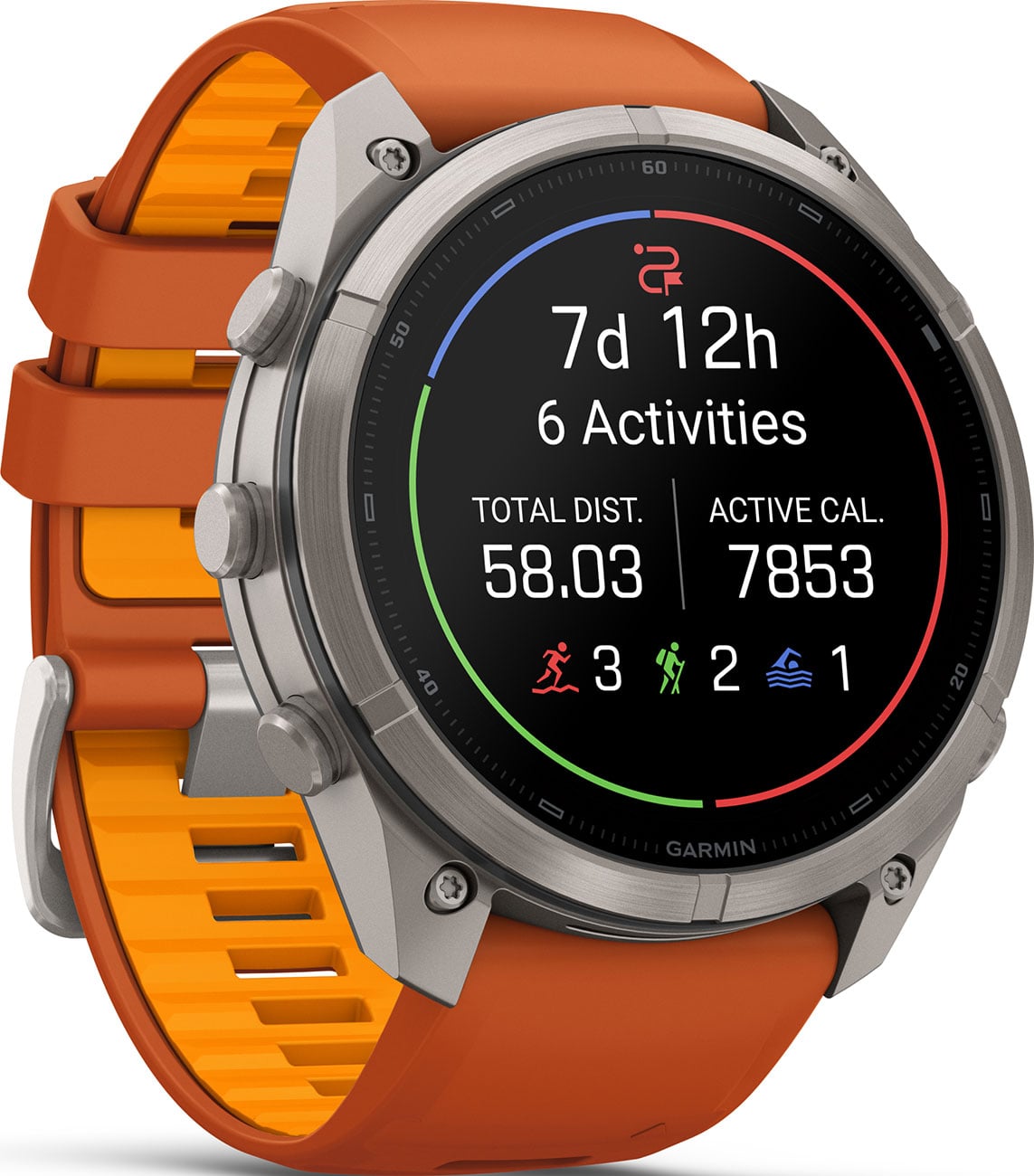 Garmin Fenix 9 Pro with titanium case and orange band displaying activity tracking statistics screen