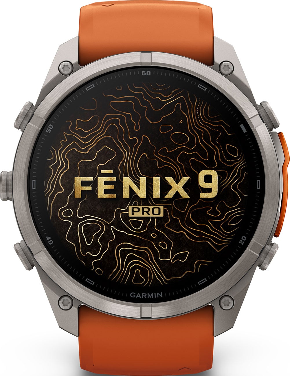 Garmin Fenix 9 Pro smartwatch front view with titanium case and orange band showing topographic display