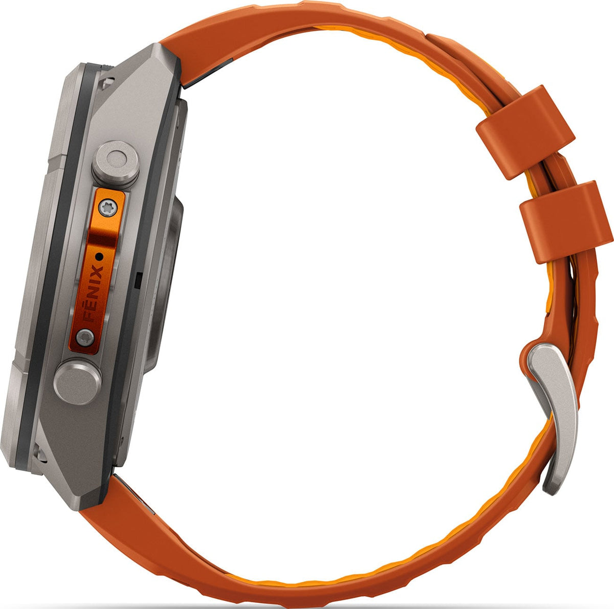 Garmin Fenix 9 Pro side profile view showing titanium case buttons and orange silicone band