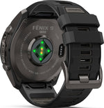 Garmin Fenix 9 Pro rear view showing heart rate sensor, charging port, and product engravings