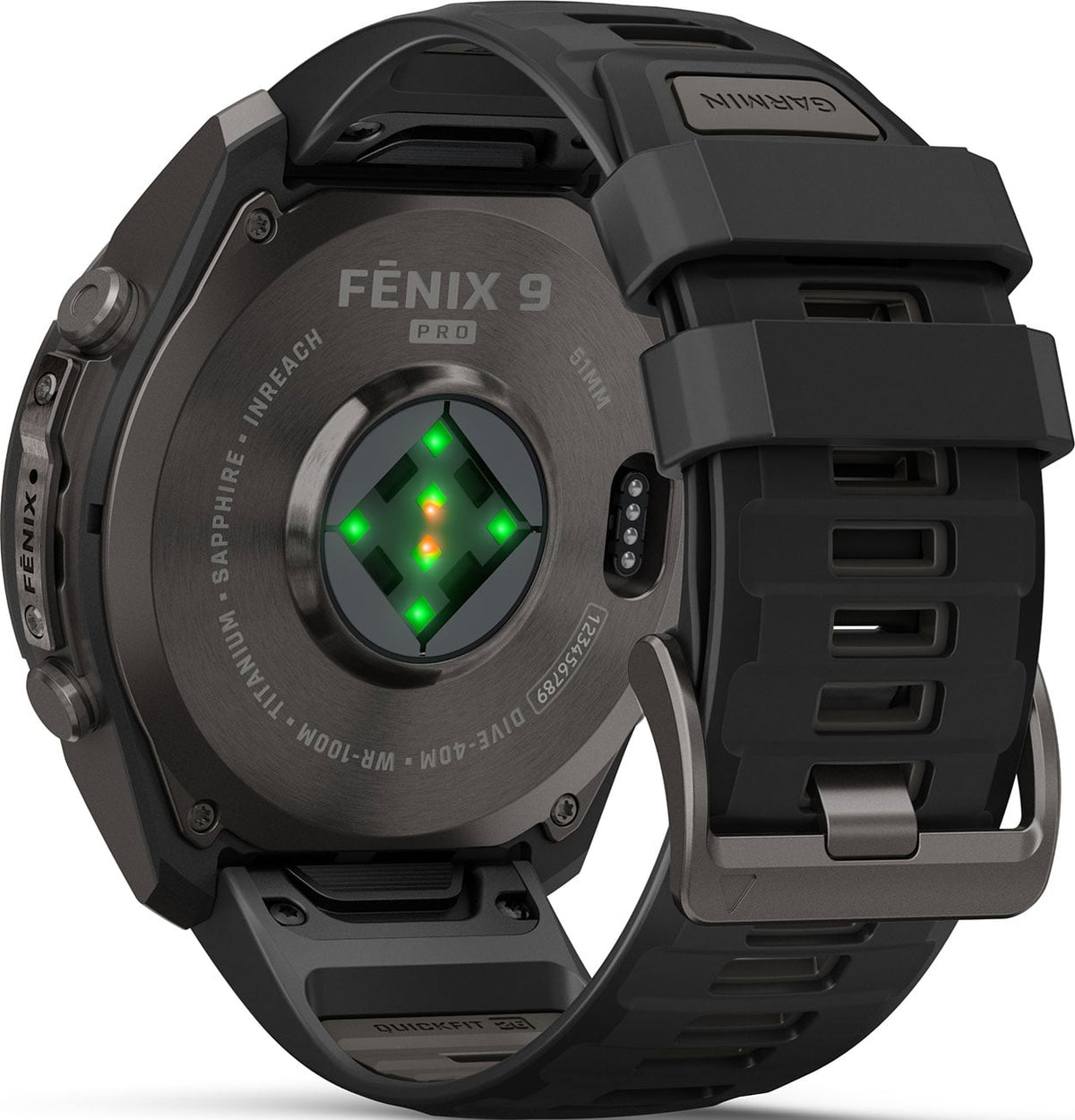 Garmin Fenix 9 Pro rear view showing heart rate sensor, charging port, and product engravings
