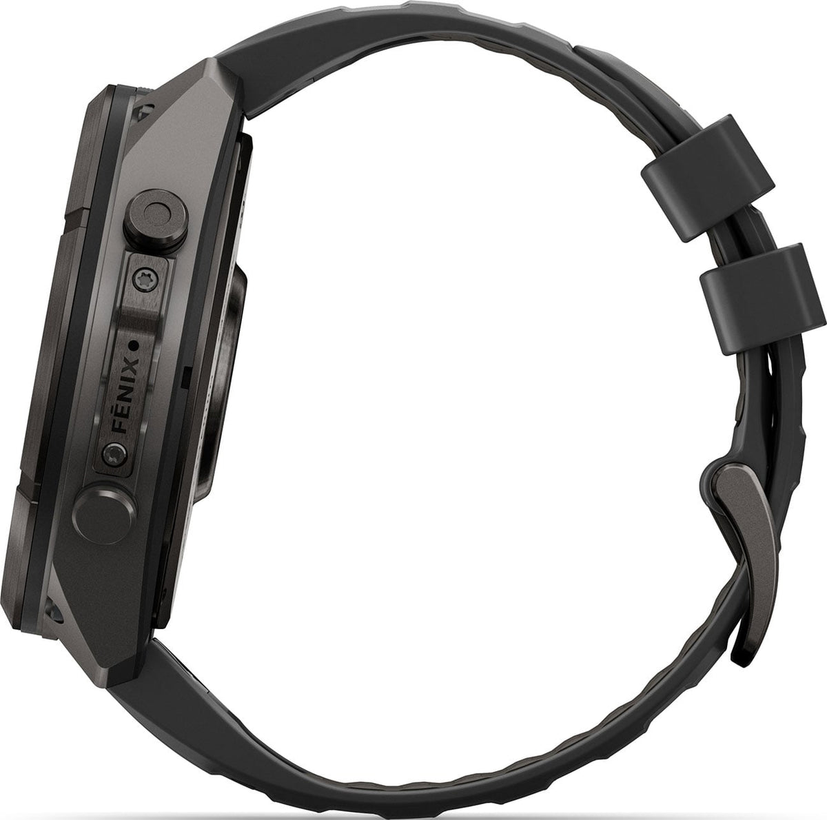 Garmin Fenix 9 Pro side profile view showing button layout and black silicone band