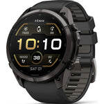 Garmin Fenix smartwatch in carbon gray titanium with black silicone band showing time display