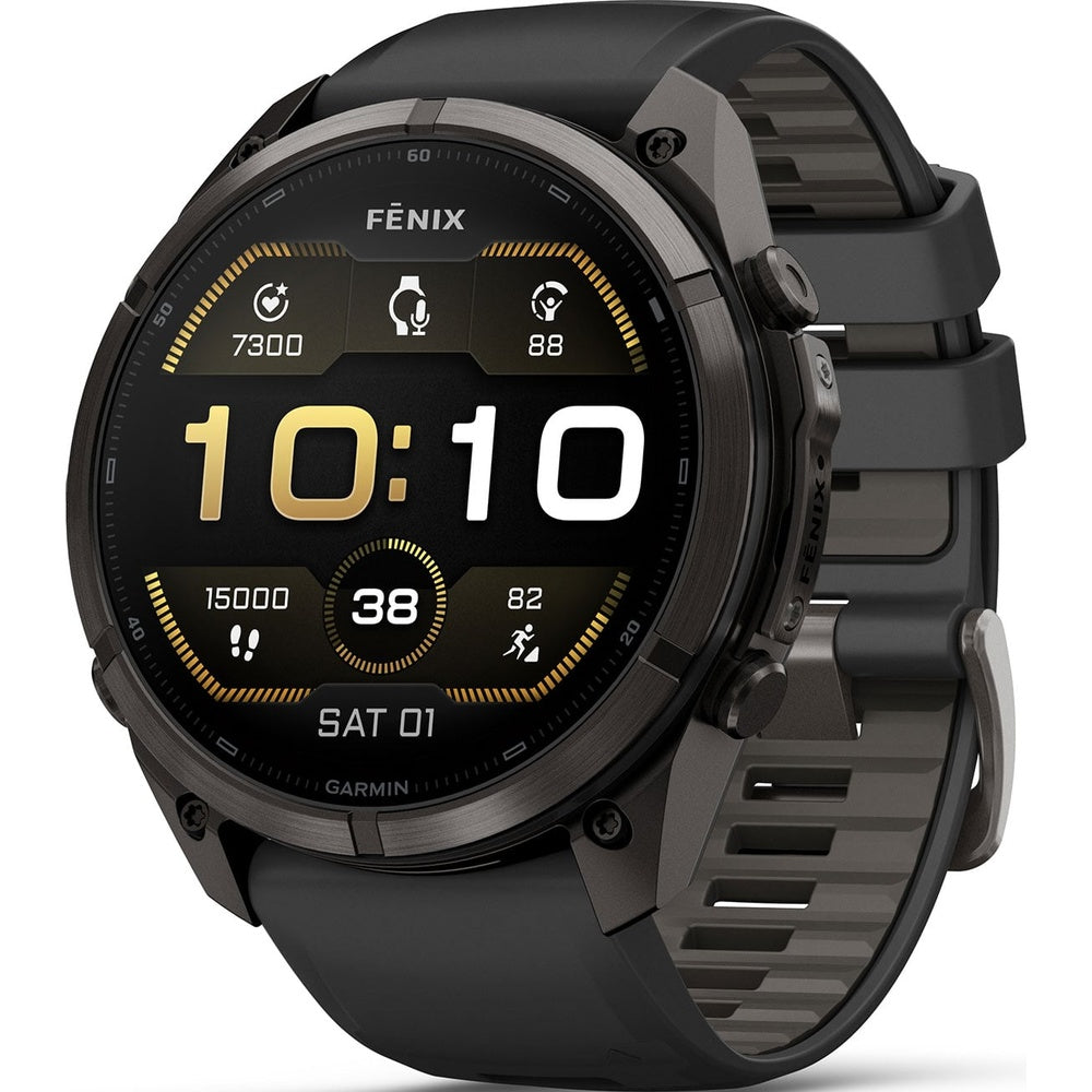 Garmin Fenix smartwatch in carbon gray titanium with black silicone band showing time display