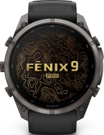 Garmin Fenix 9 Pro smartwatch front view with topographic map watch face design