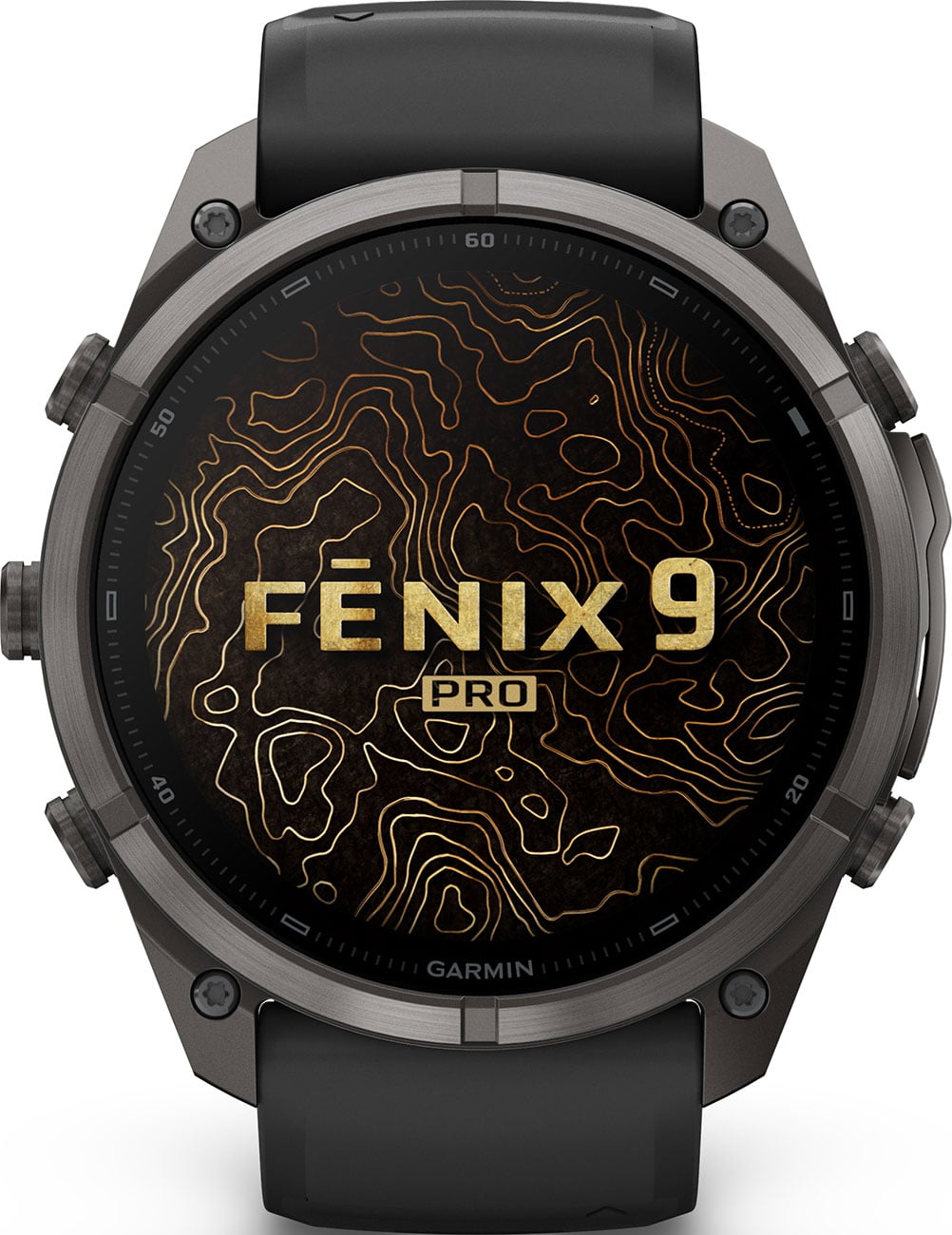 Garmin Fenix 9 Pro smartwatch front view with topographic map watch face design