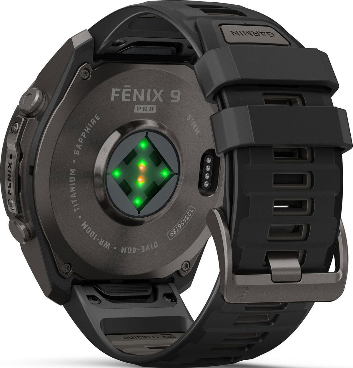 Garmin Fenix 9 Pro rear view showing heart rate sensor, titanium sapphire case back and QuickFit band