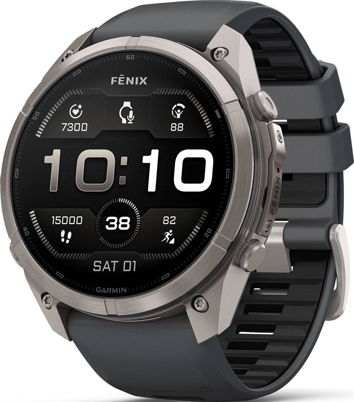 Garmin Fenix 9 Pro smartwatch in titanium with graphite silicone band showing time display