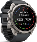Garmin Fenix 9 Pro smartwatch displaying 7-day activity summary with distance and calorie metrics