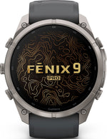 Garmin Fenix 9 Pro smartwatch front view showing topographic map watch face design