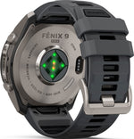 Garmin Fenix 9 Pro smartwatch back view showing heart rate sensor and titanium sapphire caseback