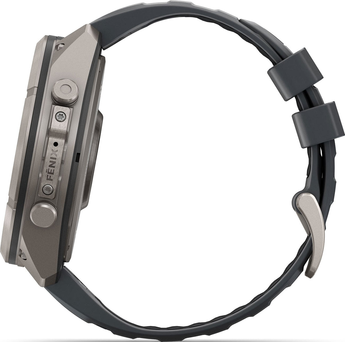 Garmin Fenix 9 Pro smartwatch side profile view showing titanium buttons and graphite silicone band