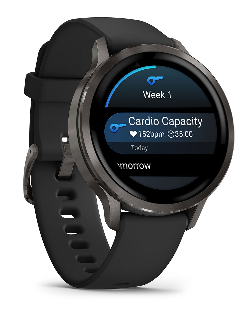 Garmin Venu 4 smartwatch with slate gray case and black silicone band displaying cardio capacity screen