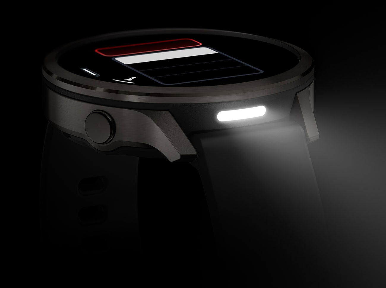 Garmin Venu 4 smartwatch in slate gray with black silicone band showing illuminated display
