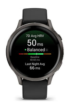 Garmin Venu 4 smartwatch displaying HRV health metrics on screen with slate case