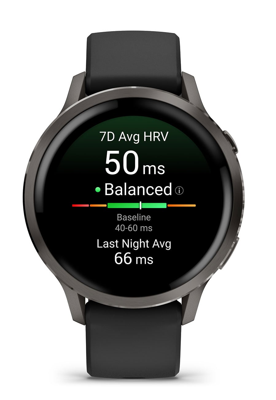 Garmin Venu 4 smartwatch displaying HRV health metrics on screen with slate case