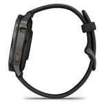 Garmin Venu 4 smartwatch with slate gray case and black silicone band side view