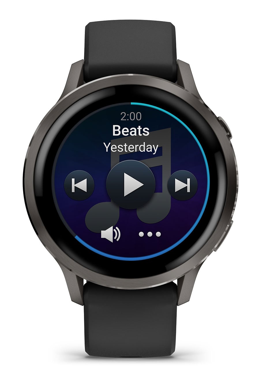 Garmin Venu 4 smartwatch in slate gray with black band showing music interface