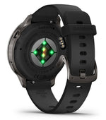 Garmin Venu 4 smartwatch back view showing heart rate sensors and black band