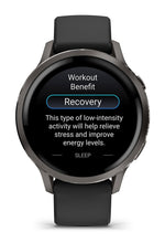 Garmin Venu 4 smartwatch displaying workout recovery screen with slate case and black band