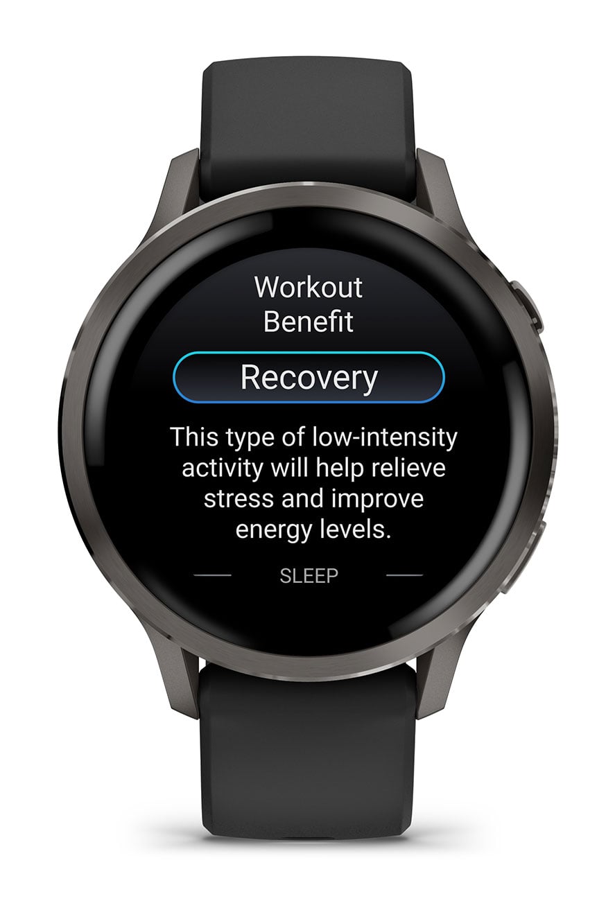 Garmin Venu 4 smartwatch displaying workout recovery screen with slate case and black band