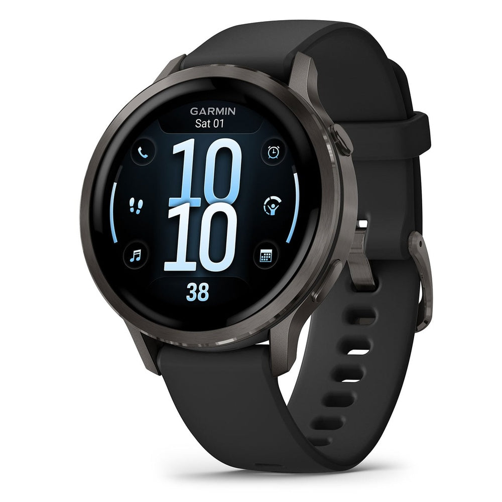 Garmin Venu 4 smartwatch with slate gray case and black silicone band showing time display