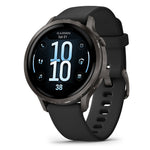 Garmin Venu 4 smartwatch with slate gray case and black silicone band showing time display