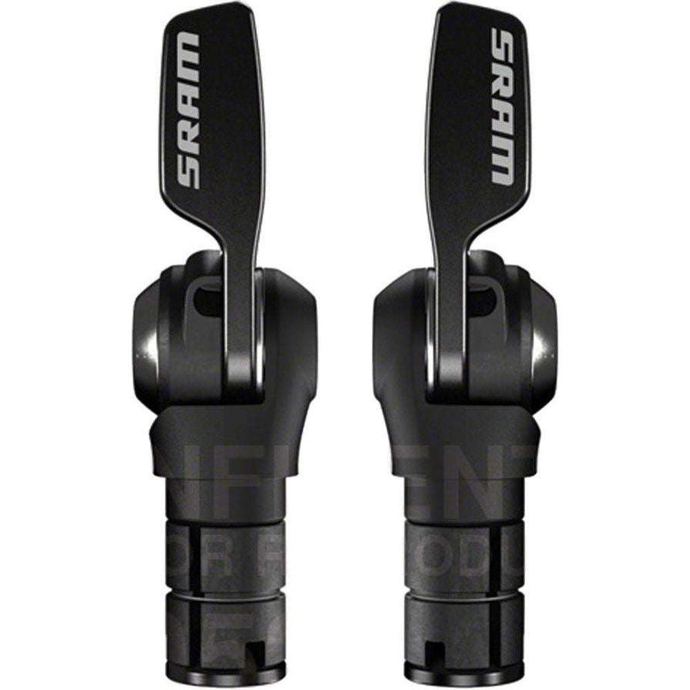 SRAM black bike shifters with ergonomic levers on clean white background
