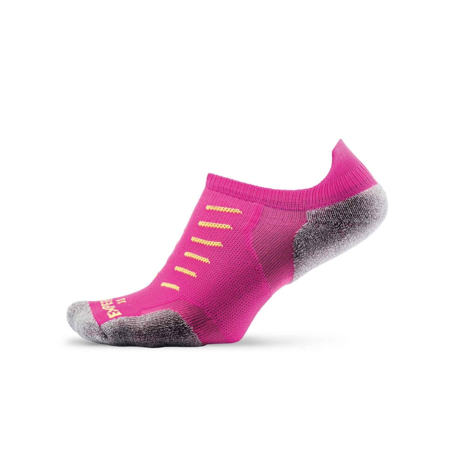 Experia No Show Tab running sock in bright pink with gray heel and toe accents