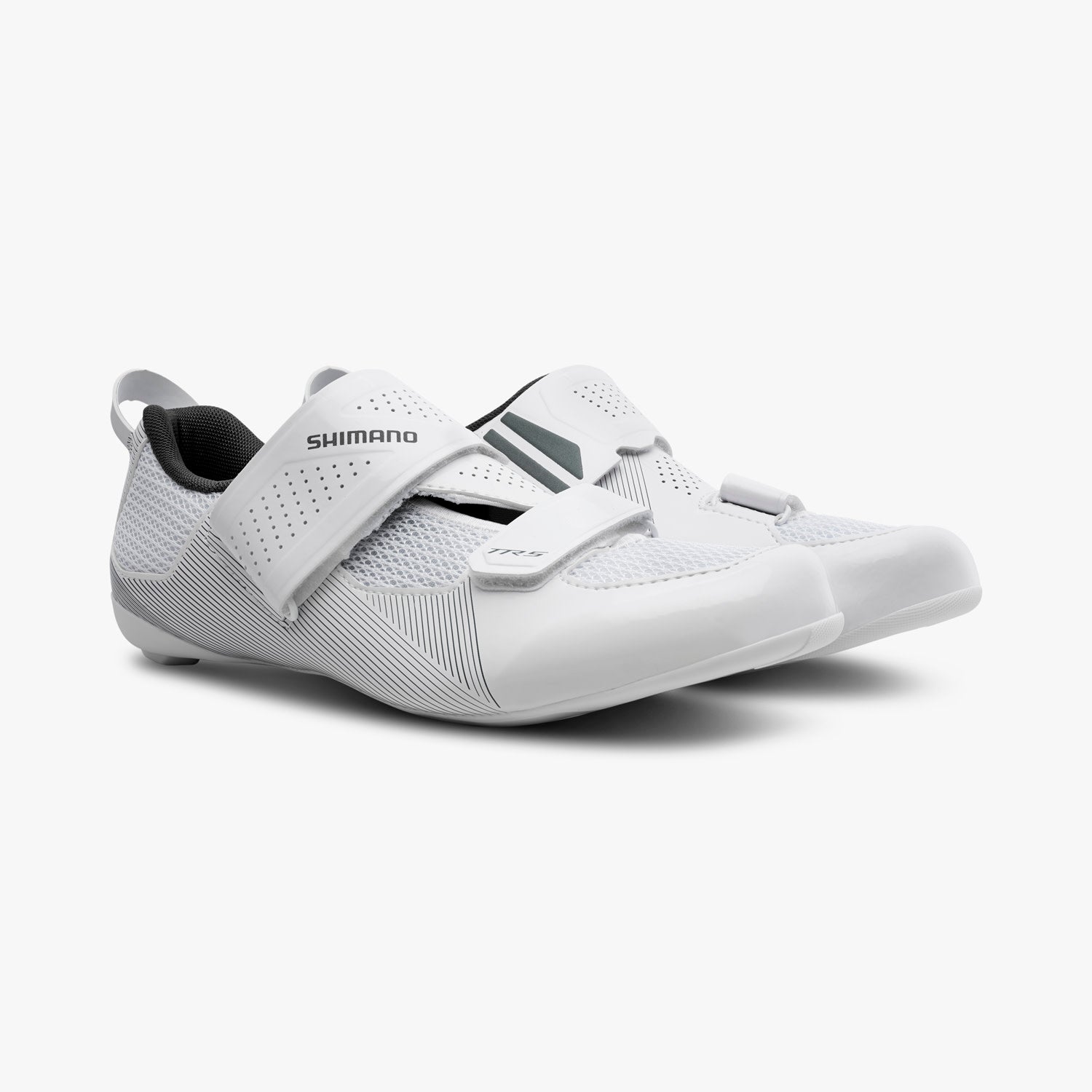 White Shimano TR5 men's cycling shoes with Velcro straps and mesh panels