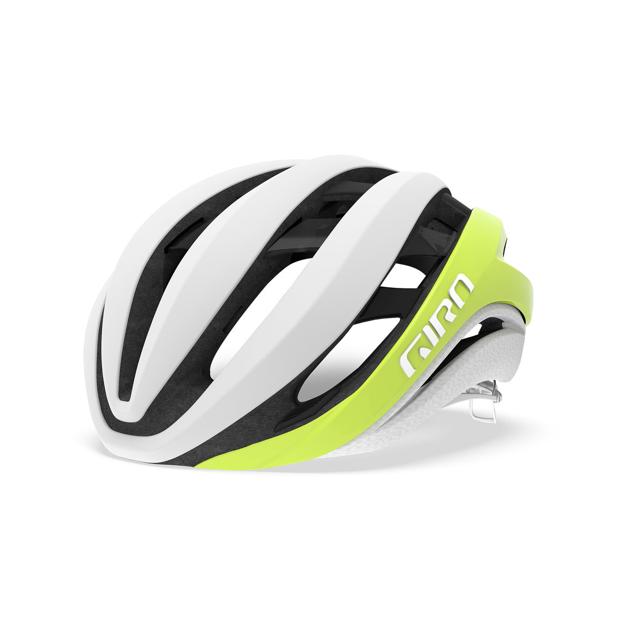 Giro Aether MIPS road cycling helmet in matte white with citron yellow accent stripe