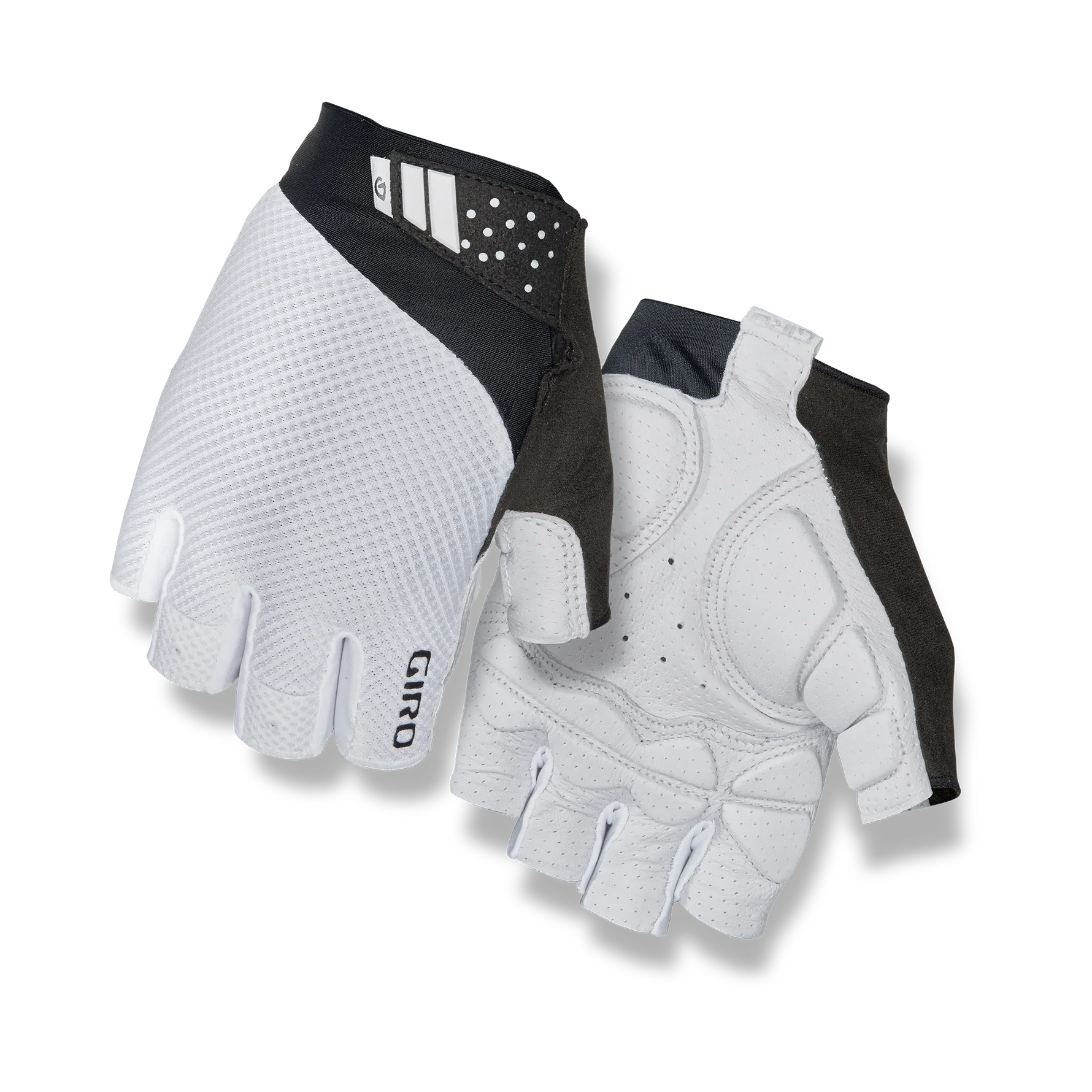Giro Monaco II Gel cycling gloves in white with black trim, showing palm and back