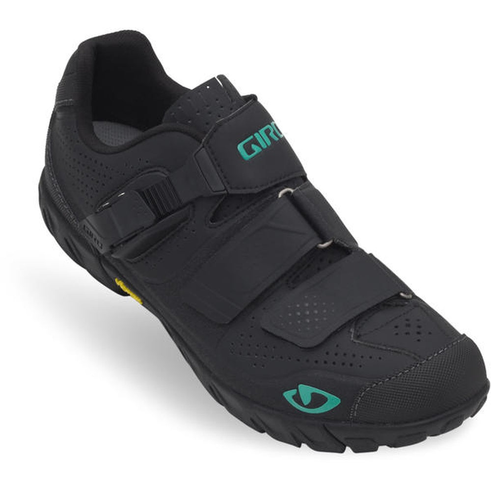 Giro Terradura women's cycling shoe in black with teal green accents and velcro straps