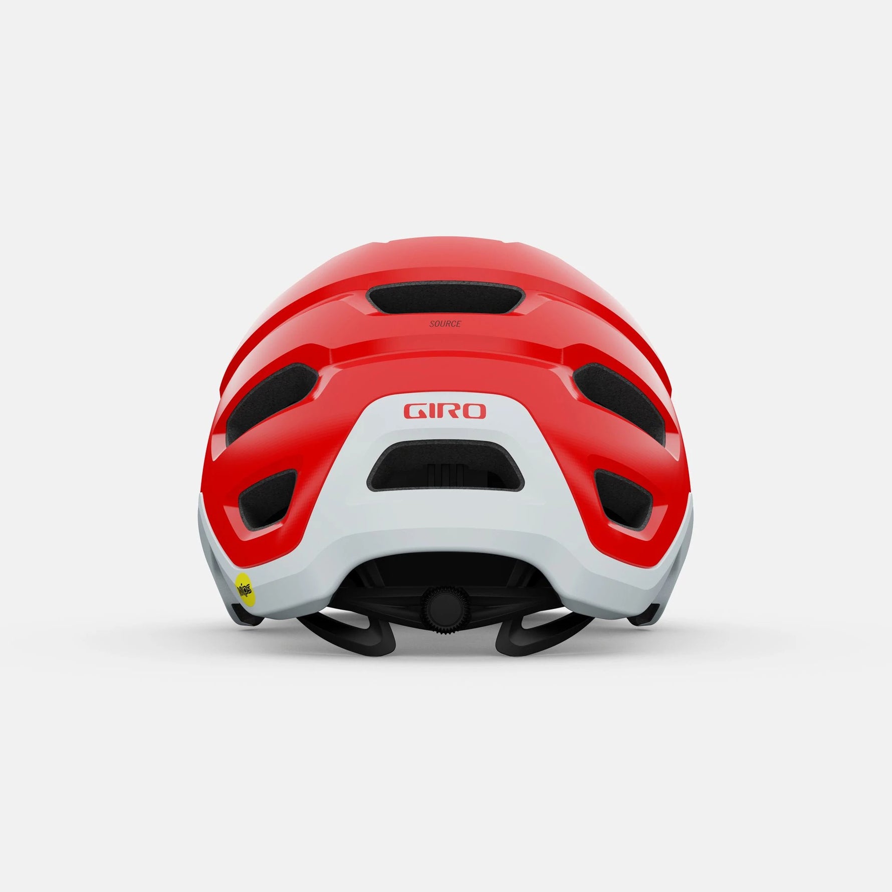 Giro SOURCE MIPS bicycle helmet in red and white colorway, rear view