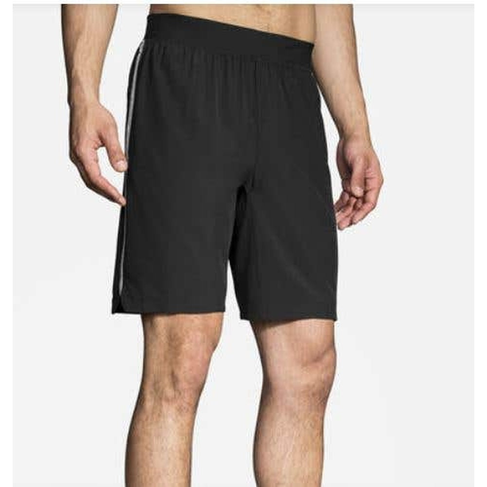 Brooks Equip 9 inch men's running shorts in black with side stripe detail