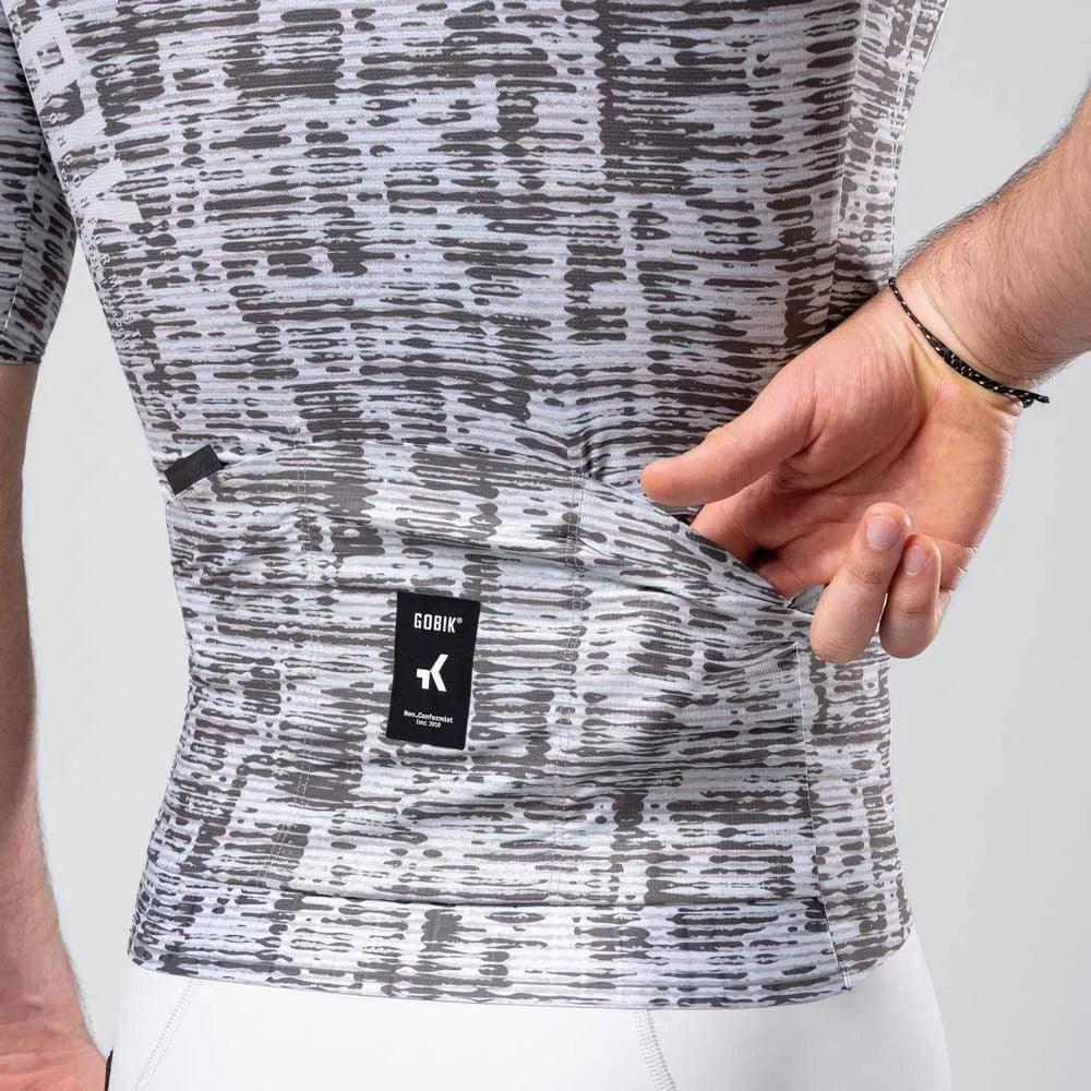 Gobik Miami TOVR Grey cycling jersey with abstract pattern and back pocket detail