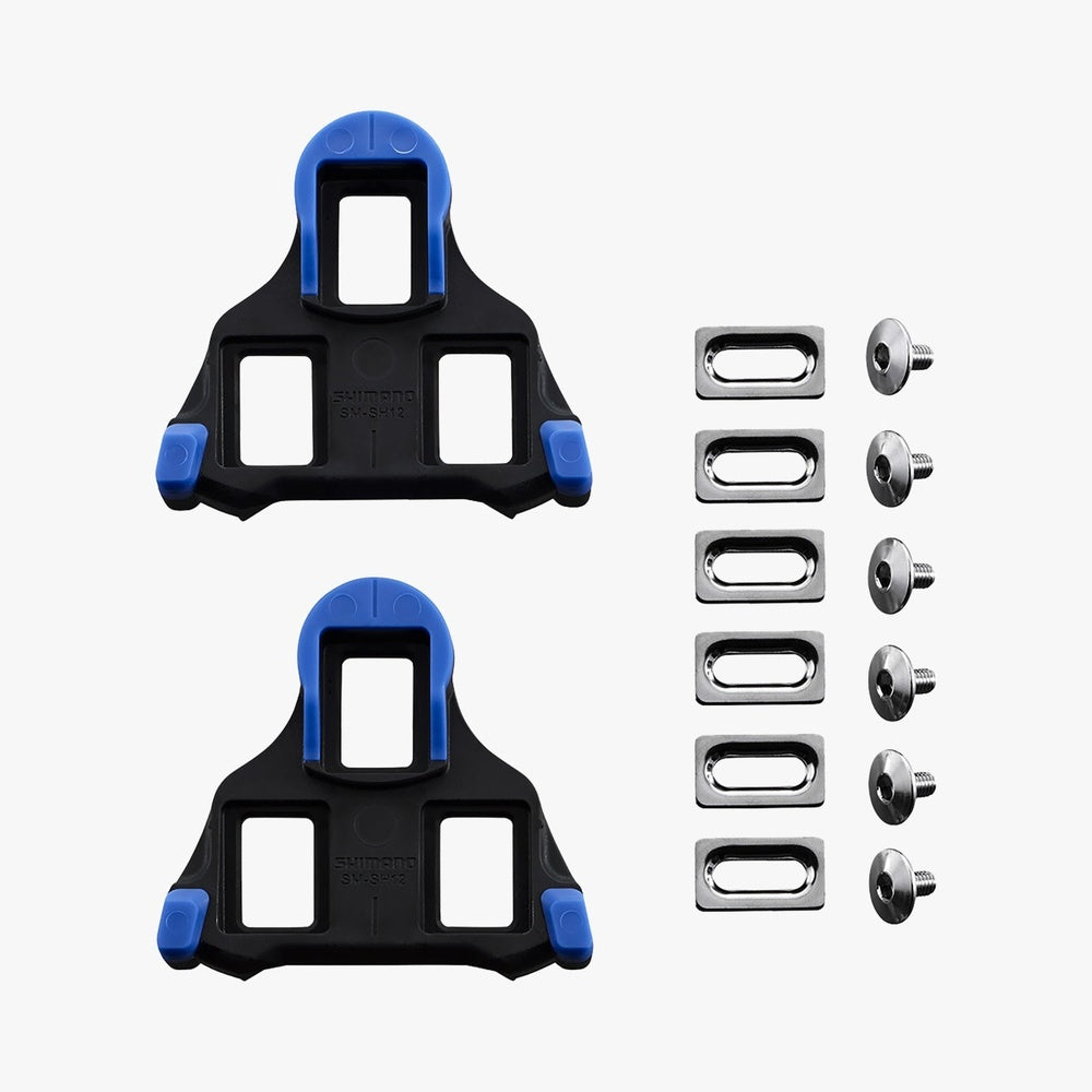 Shimano SM-SH12 SPD-SL cleats with blue pivot points and mounting hardware