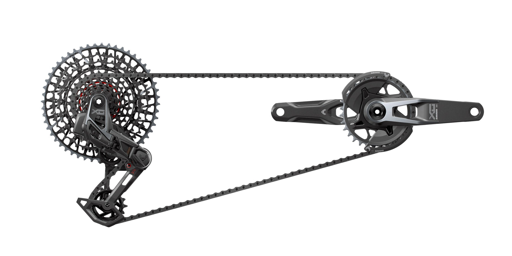 SRAM X01 Eagle AXS electronic mountain bike drivetrain groupset with derailleur and crankset