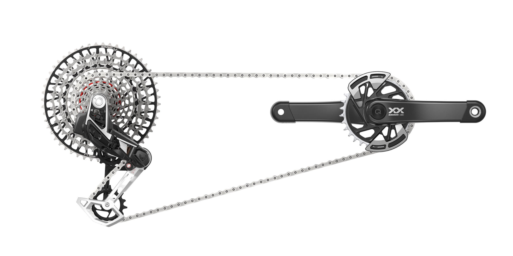 SRAM XX Eagle Transmission AXS drivetrain components with crankset, derailleur, cassette and chain
