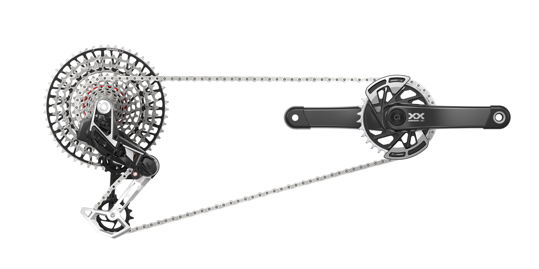 SRAM XX Eagle Transmission AXS drivetrain components with derailleur, cassette, crankset and chain