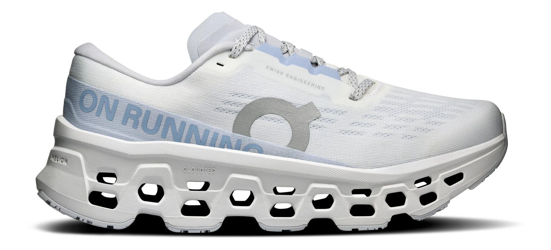 On Cloudmonster 3 running shoes in white and frost colorway with distinctive CloudTec sole