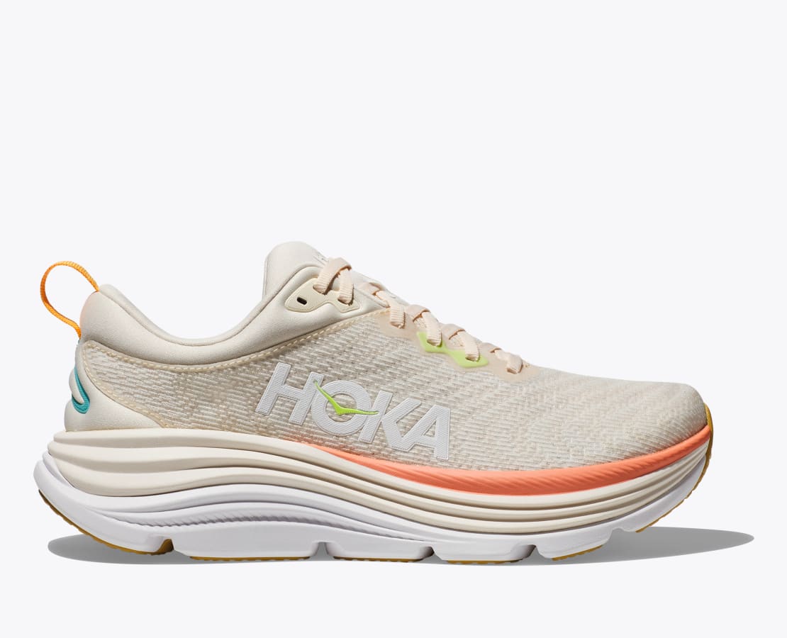 HOKA Gaviota 5 women's running shoe in vanilla cream colorway with orange details