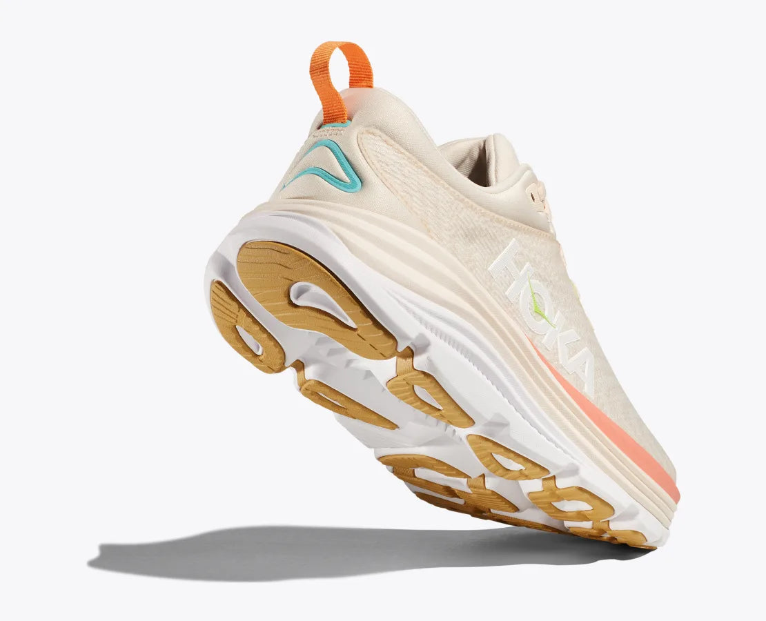 Hoka Gaviota 5 women's running shoe in vanilla cream colorway with orange pull tab