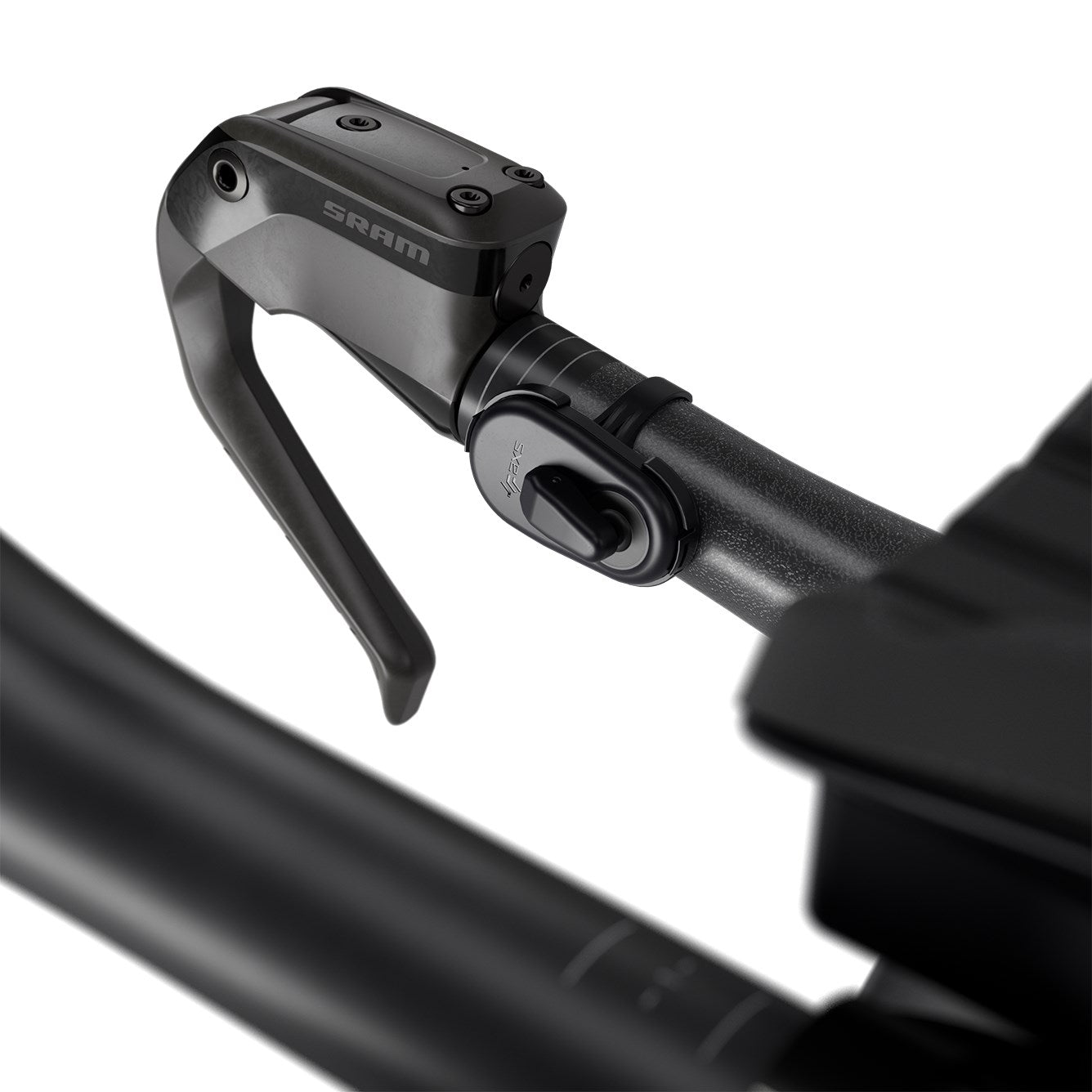 SRAM AXS wireless blip shifter in black mounted on bicycle handlebars