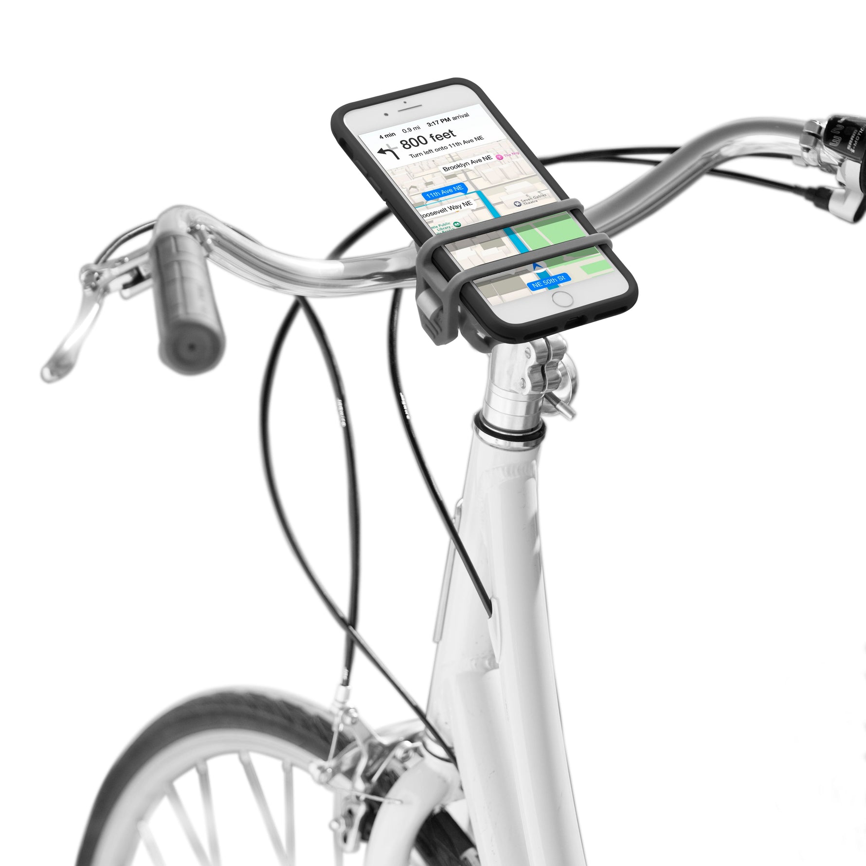 Nite Ize HandleBand Universal Smartphone Bar Mount in black mounted on white bicycle handlebars