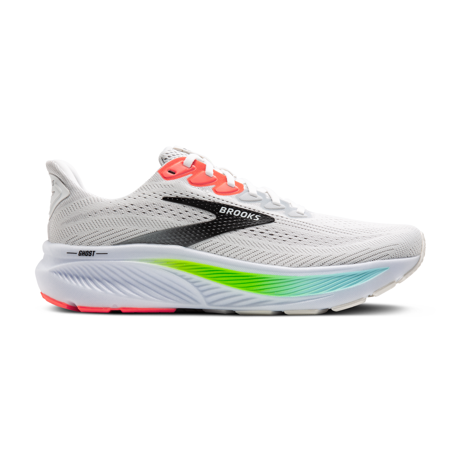 Brooks Ghost 17 men's running shoe in white with pink clay and gecko green colorway