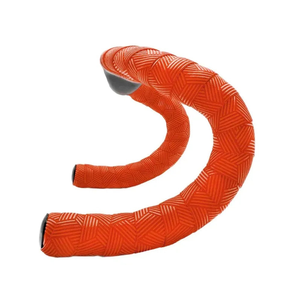 Orange bicycle handlebar tape with geometric chevron pattern on white background