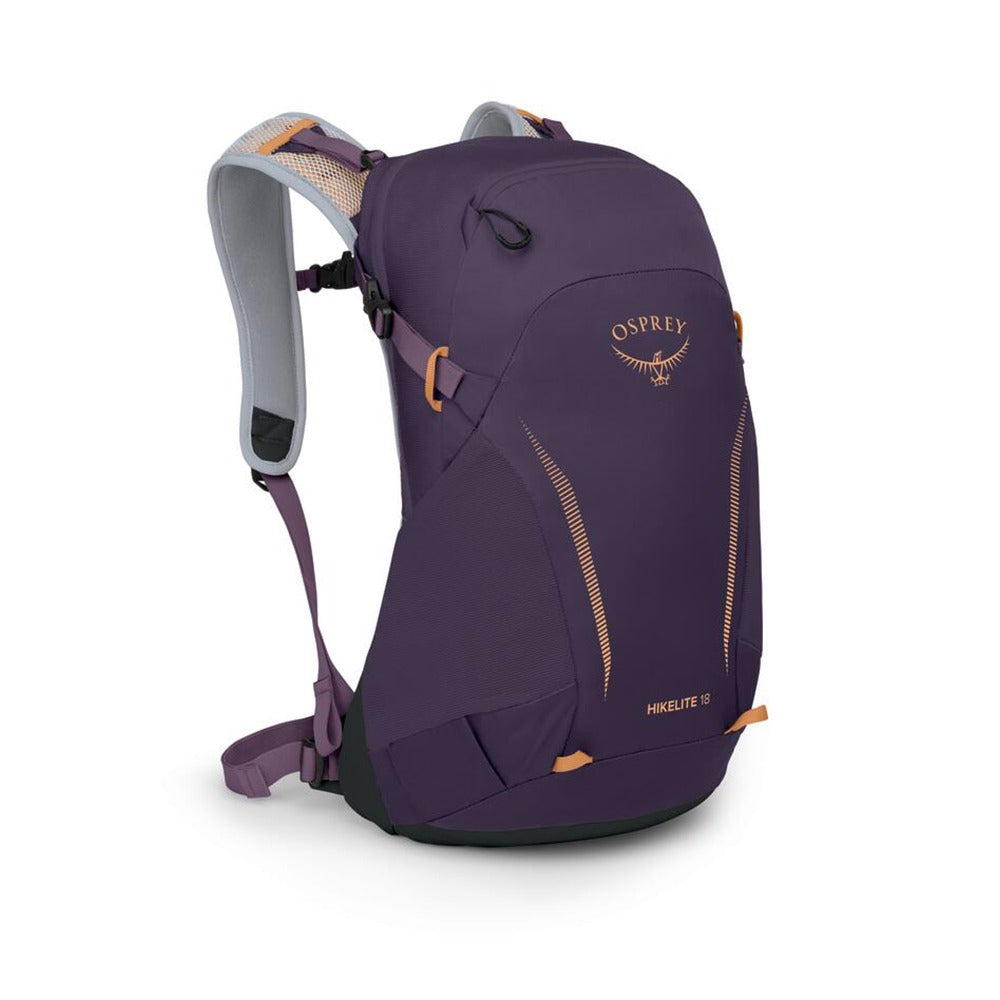 Osprey Hikelite 18 hiking backpack in purple with orange accents on white background